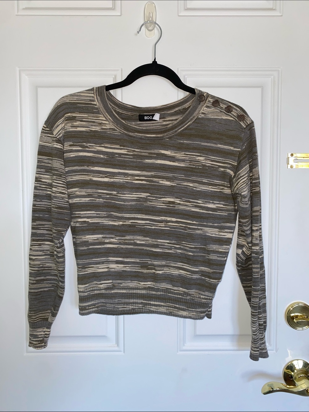 BDG 100% Cotton Olive and Cream Striped Button-Shoulder Crewneck Sweater
